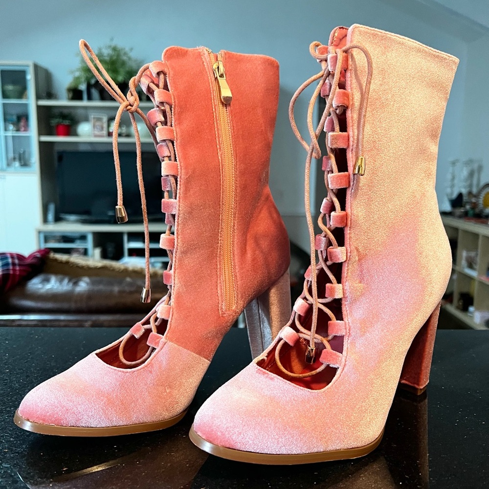 Love Athena Pink Velvet Victorian Style Lace Up Boot